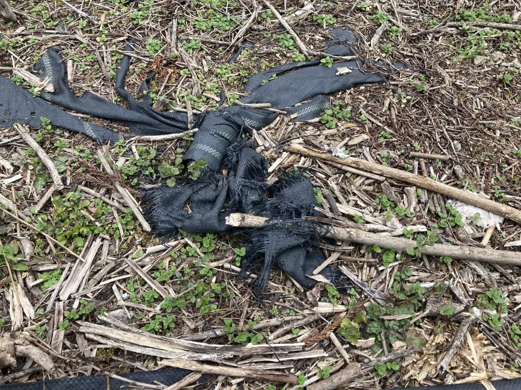 草刈機で防草シート巻き込む