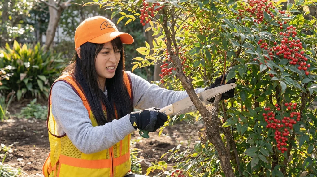 南天の木を切る女性
